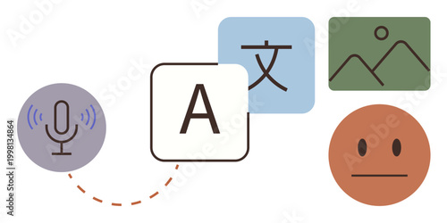 Language learning, voice interaction, translation, AI technology, cross-cultural communication, digital tools. Visual of a microphone, text icon image icon and neutral face. Language learning