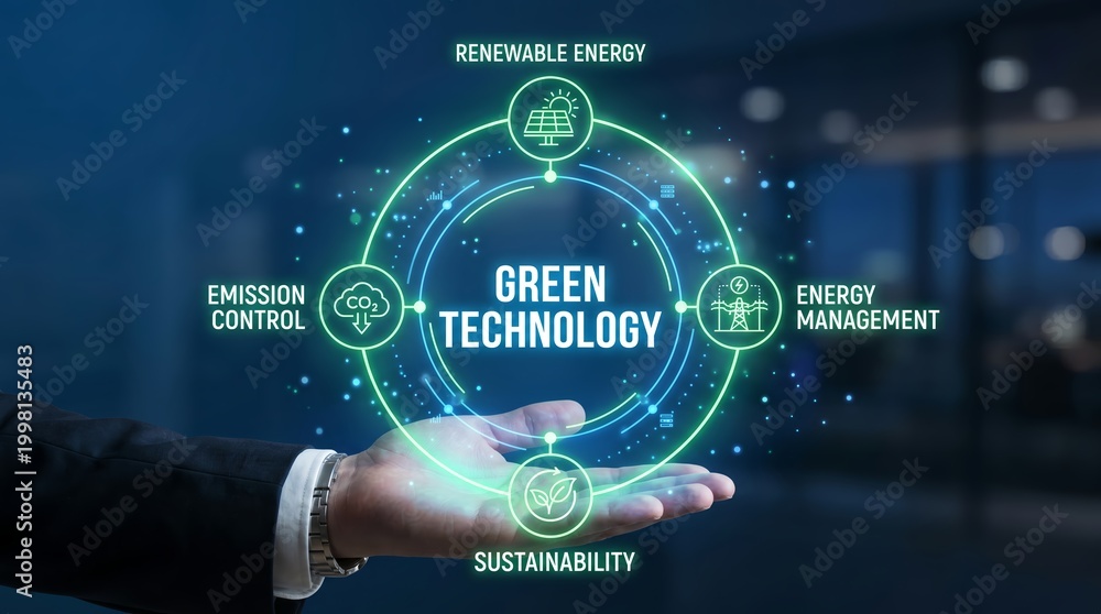 Naklejka premium Green technology concept with hand holding circular icons