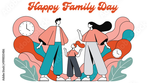 happy family day cartoon banner with young parents and child and clocks around them.