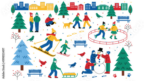 winter activities in park with people skiing skating sledding and building snowman.