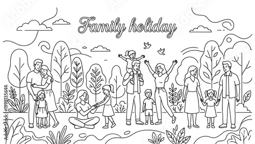 Family enjoying a holiday outdoors in a park with trees and birds.