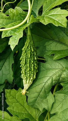 A close-up of a fresh green bitter melon (Momordica charantia) hanging from a vine, surrounded by lush, textured leaves. The fruit has a distinct bumpy surface and tapers toward a pale tip with a smal