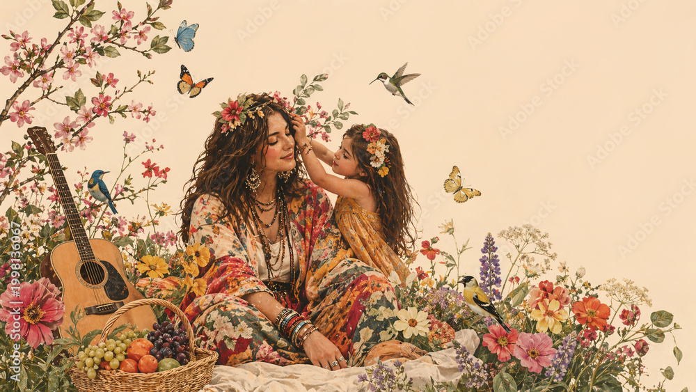 Fototapeta premium Whimsical bohemian mother and young daughter bonding in a blooming flower meadow with butterflies, hummingbirds, an acoustic guitar, and a fruit basket in vintage aesthetic.