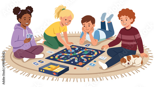 Happy diverse children playing board game on rug with space theme during leisure time.