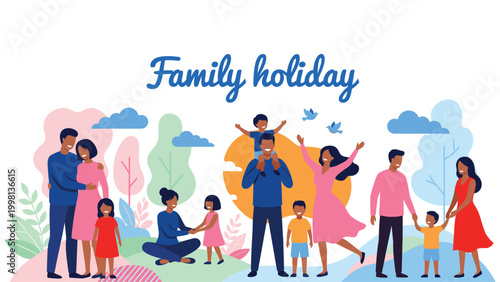 Families enjoying outdoor holiday activities in nature park with children and parents set.