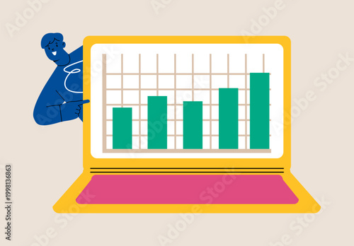 Man with laptop with growing graph. Investing concept. Colorful vector illustration