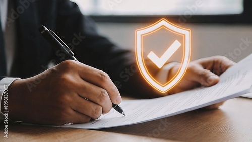 Person signing document with shield icon