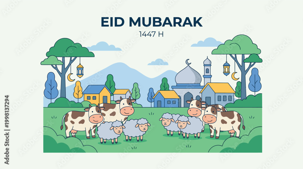 Obraz premium Flat design illustration of Eid Mubarak celebration with mosque, houses, trees, cows, and sheep in a village landscape.