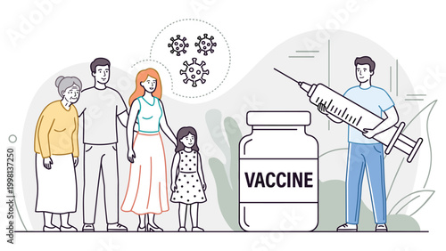 Family standing near large vaccine bottle with doctor holding syringe.