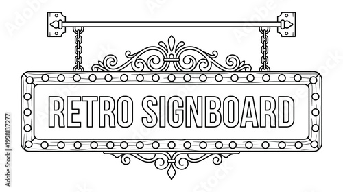 Vintage hanging sign outline with decorative swirls and metal chains.
