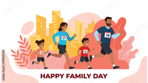 Family running together in a race in front of city skyline with text.