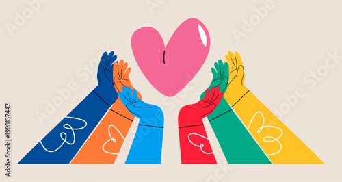 Many diverse hands holding up a large heart. Community support and togetherness. Colorful vector illustration