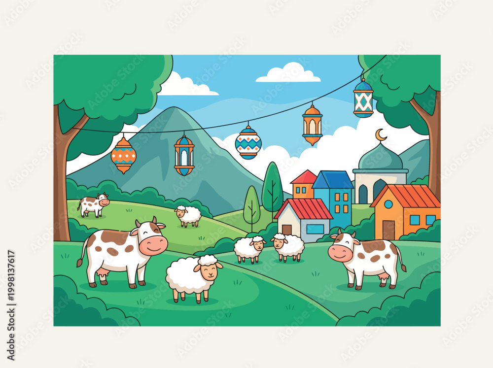 Obraz premium Cartoon illustration of Eid al-Adha celebration with cows and sheep grazing in a green landscape, a village with a mosque, and festive lanterns.