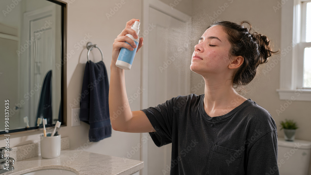 Obraz premium Young woman with acne-prone skin applying refreshing facial mist spray during her morning skincare routine in a bright home bathroom, eyes closed in a moment of calm self-care.