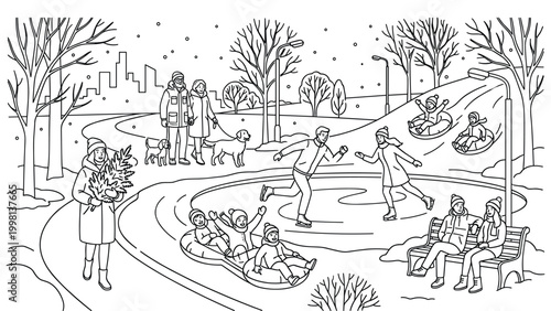 Winter park with people ice skating and sledding downhill and sitting on bench.