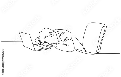 Exhausted businessman sleeping on desk in front of laptop one line drawing single line white background mental health dead tired exhausted businessman overworked illustration minimalist