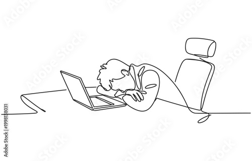 Tired person asleep at a desk with a laptop continuous line art single line one white background mental health dead tired continuous minimalist illustration exhausted overworked