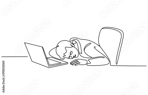 Overworked employee sleeping on desk by laptop single line art one line white background mental health dead tired overworked employee sleeping minimalist illustration exhausted business