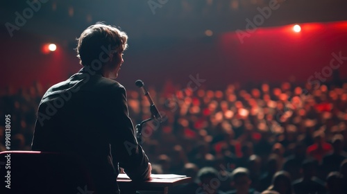 Speaker addressing large audience in auditorium. Possible use Stock photo for presentations, conferences, public speaking