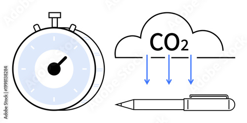 Environmental impact, carbon tracking, sustainability, emissions reduction, time management, data documentation. Stopwatch, CO2 cloud and pen in minimal style. Environmental impact and carbon