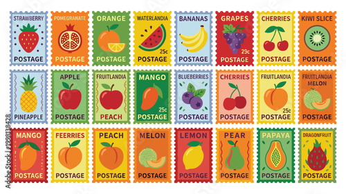 Vintage postage stamp collection with colorful fruit illustrations set.