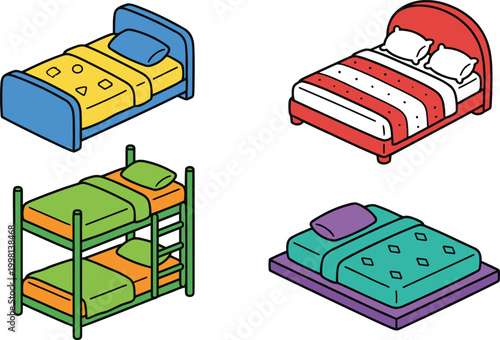 Bed Furniture Vector Set Featuring Single Bed Double Bed Bunk Bed and Modern Mattress Designs for Bedroom Interior and Home Decor Illustration