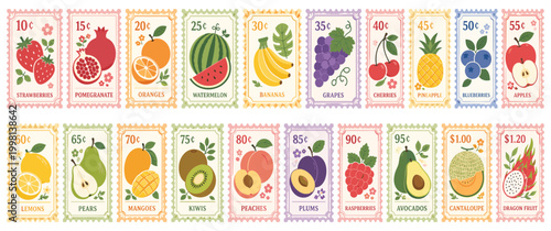 Pastel fruit postage stamps with price values for botanical stationery.