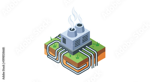 Isometric Vector Illustration of a Geothermal Power Plant with Underground Pipes and Steam Chimneys