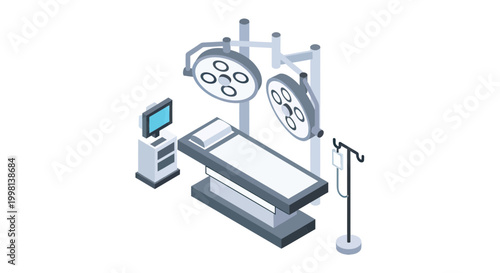 Modern Isometric Hospital Operating Room Vector Illustration with Surgical Lamps, Patient Table, and Medical Monitor