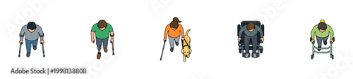 Top View Disabled and Elderly People Set with Wheelchair Walker Cane and Guide Dog, Overhead Accessibility Characters Collection for Healthcare, Inclusive Design and Architecture Plans