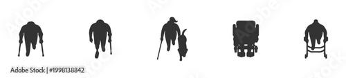 Top View Disabled and Elderly People Silhouette Set with Wheelchair Walker Cane and Guide Dog, Overhead Accessibility Black Figures for Architectural Plans and Inclusive Design