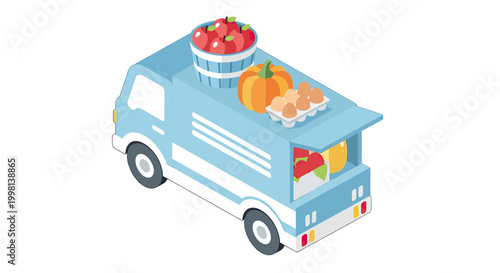Isometric Food Delivery Truck with Fresh Produce, Apples, Pumpkin, and Eggs for Farm to Table Service
