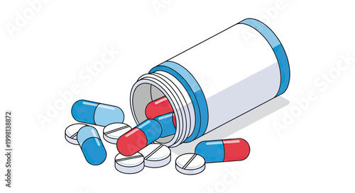 Vector illustration of medicine capsules and white tablets spilling out of an open pill bottle on a white background.