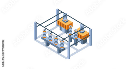 Isometric Vector Illustration of an Electrical Substation with High Voltage Transformers and Power Distribution Infrastructure
