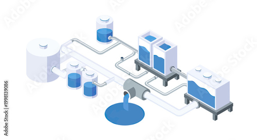 Isometric Industrial Water Treatment Plant Illustration with Filtration Tanks and Pipe System