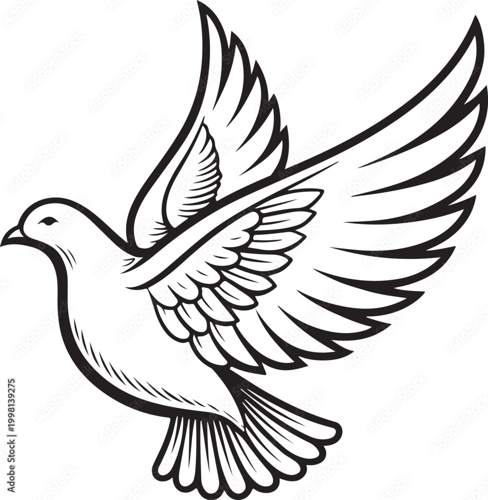 Fototapeta premium Holy Dove Flying Hand-drawn Sketch Drawing Vector Illustration, Line Linear Symbol Black and White Engraving, Isolated