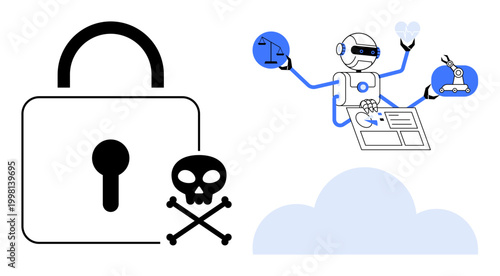 Cybersecurity, automation, data protection, digital threats, robotics, AI innovation. A lock with a skull symbol and a multifunctional AI robot. Cybersecurity and automation