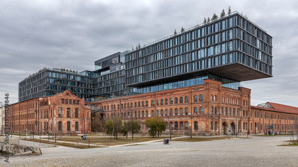 Obraz premium Modern Cantilevered Building Over Historic Red Brick Structure