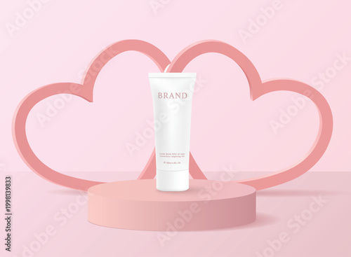 Cosmetic product ads template on pink background with heart shape.