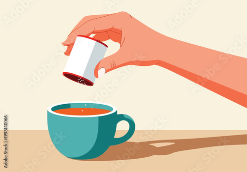 Vector illustration of a hand pouring sugar or sweetener from a container into a teal cup of tea or coffee