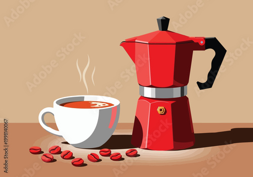 Red moka pot, steaming coffee cup, and roasted coffee beans on a table