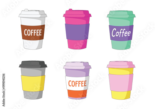 Set of colorful disposable coffee cups with lids and sleeves, vector illustration