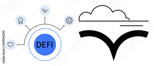 Fintech, blockchain applications, decentralized economy, financial technology, cloud-based solutions, innovation. Blue DEFI hub with icons and cloud symbol. Fintech and blockchain applications theme