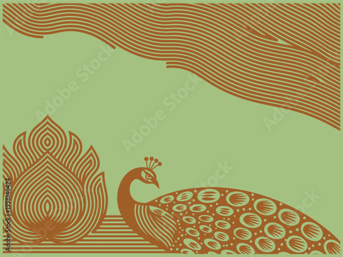 Indian peacock and abstract flame design traditional art style abstract