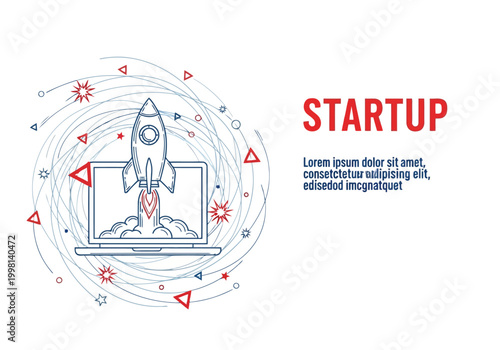 Startup business concept with rocket launching from laptop screen, innovation and technology launch illustration