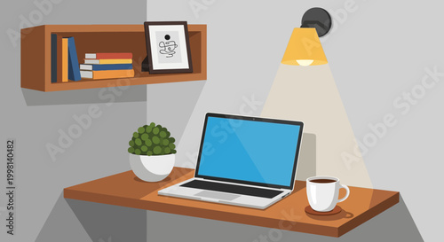A contemporary and productive home office workspace illustration, featuring a laptop, coffee, and essential items, designed for focused remote work and a cozy, efficient environment