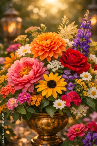 A colorful bouquet of orange flowers with blooming petals arranged beautifully in a natural style