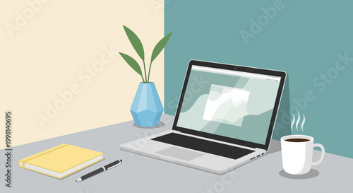 A modern home office setup with a laptop, notebook, pen, and a steaming cup of coffee