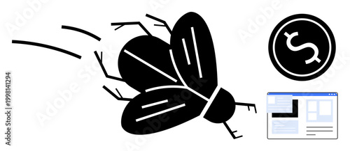Digital marketing, online advertising, economic growth, financial influence, targeted campaigns, metaphor. Flying bug, dollar symbol web interface theme. Digital marketing and economic growth