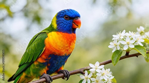 Colorful parrot perched on flower branch
